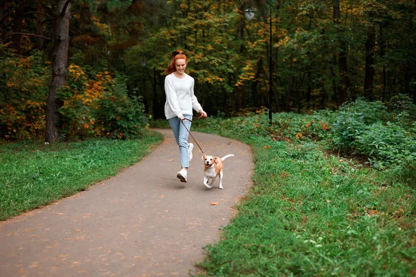 Parkta köpeğiyle koşan neşeli kızıl kız.