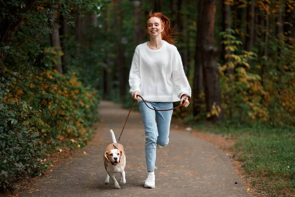 Jovem menina feliz em roupas elegantes gostando de passar o tempo com seu adorável animal de estimação — Fotografia de Stock