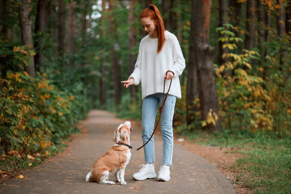 Beautiful young woman with playful young dog having fun outdoors — Stock Photo, Image