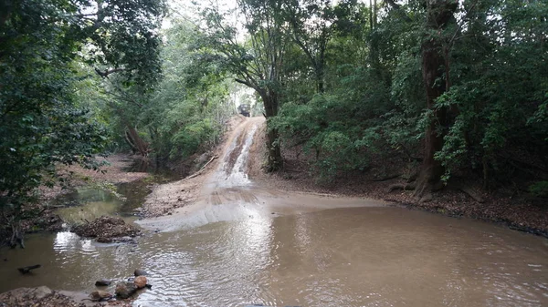 A muddy off-road track flooded with water cuts through lush green asian countryside bush — Stock Photo, Image