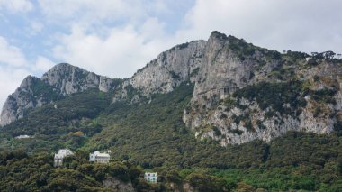 Napoli Körfezi'nde Capri adasında uçurum manzara ve kaya oluşumları, İtalya. Ada etrafında bir tekne gezisi sırasında fotoğraflandı.