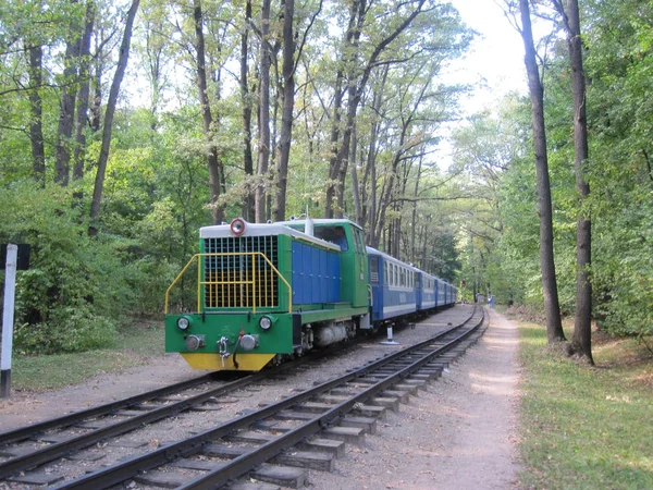 Stary radziecki pociąg do kolei dla dzieci w parku miejskim latem w Dniepropietrowsku, 2011 — Zdjęcie stockowe