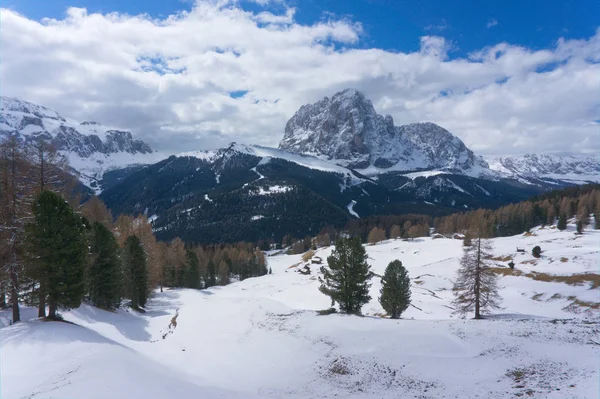 Langkofel montanha perto de wolkenstein no inverno com neve e gelo, rocha gigante, Sasso Piato nos Alpes Dolomitas, Itália — Fotografia de Stock