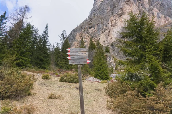 Wooden sign on ecological path through the valleys and mountains of the South Tyrolean Alps. Information board for Val Gardena hikes and mountain excursions on the Dolomites.