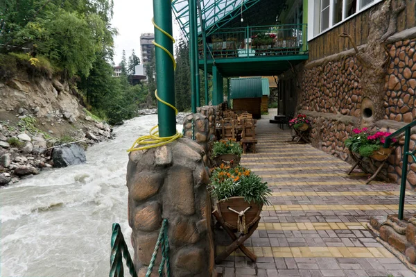 DOMBAY, RUSSIA hotels and camping in Dombay resort village near river in Teberda Nature Reserve in Caucasus Mountains in Karachay-Cherkessia region of Russia