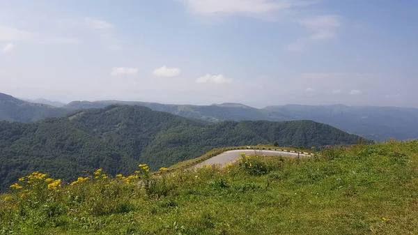 ドンベイとキスロドスクの間の北コーカサスのグンバシ峠の2000メートル以上の緑豊かな芝生の草原と山々、生のオリジナル画像 — ストック写真