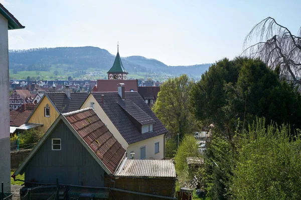 view from the vineyard to a small farming village with village church and fields with forest in the background,