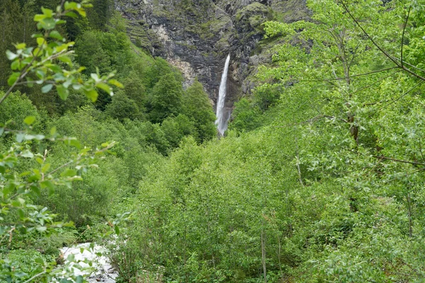 緑豊かな緑に覆われた曇りの春の日には バイエルンの渓谷に山の斜面に滝 ドイツ ヨーロッパ — ストック写真