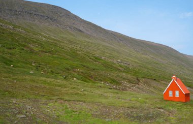 İzlanda 'da yeşil çimen tepesinde mavi gökyüzüne karşı bir ev
