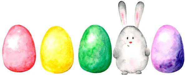 Acuarela Huevos Pascua Rojo Amarillo Verde Gris Conejo Pascua Violeta —  Fotos de Stock