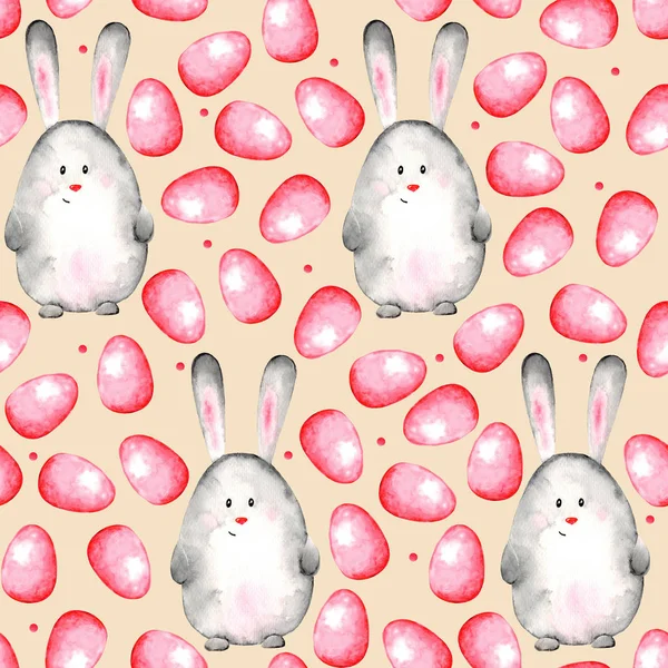 Watercolor seamless easter pattern with red eggs and cute bunny on apricot background with big red dots. Happy Easter. Illustration.