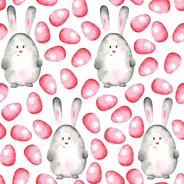 Watercolor seamless easter pattern with red eggs and cute gray bunny (egg-shaped) on white background. Happy Easter. Illustration.