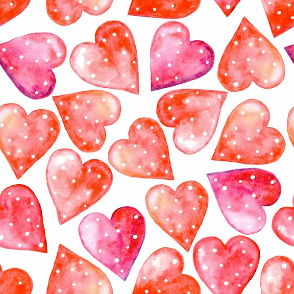 Watercolor Seamless Pattern Pink Red Dot Hearts White Background Illustration — Stock Photo, Image