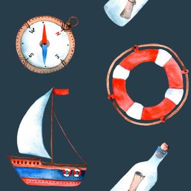 Suluboya deniz seamless modeli yelkenli, lifebuoy, şişe ve pusula ile. Derin mavi arka plan üzerinde. İllüstrasyon.