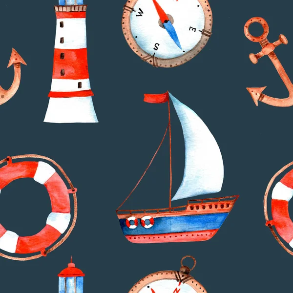 Suluboya deniz yelkenli, çapa, Pusula, deniz feneri, lifebuoy ile seamless modeli. Derin mavi arka plan üzerinde. İllüstrasyon.