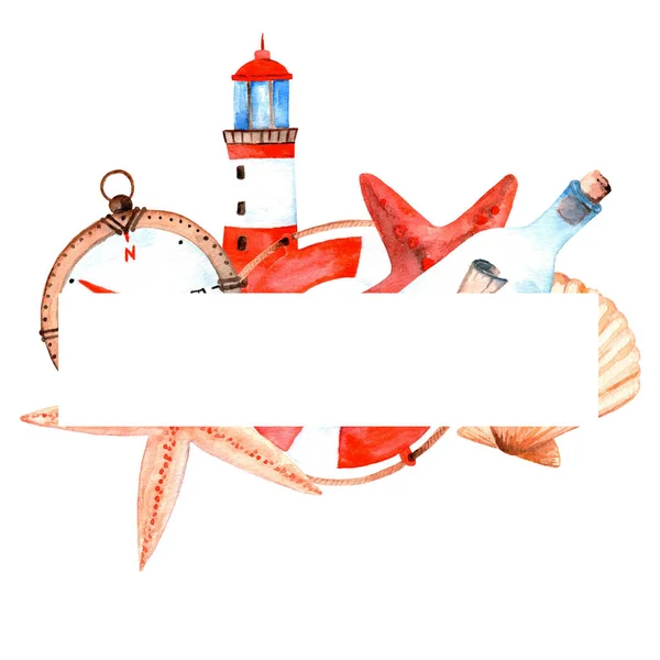 Moldura Mar Aquarela Com Farol Garrafa Estrela Mar Boia Salva — Fotografia de Stock