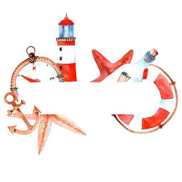 Watercolor Sea Frame Lighthouse Bottle Anchor Starfish Lifebuoy Illustration White — Stock Photo, Image