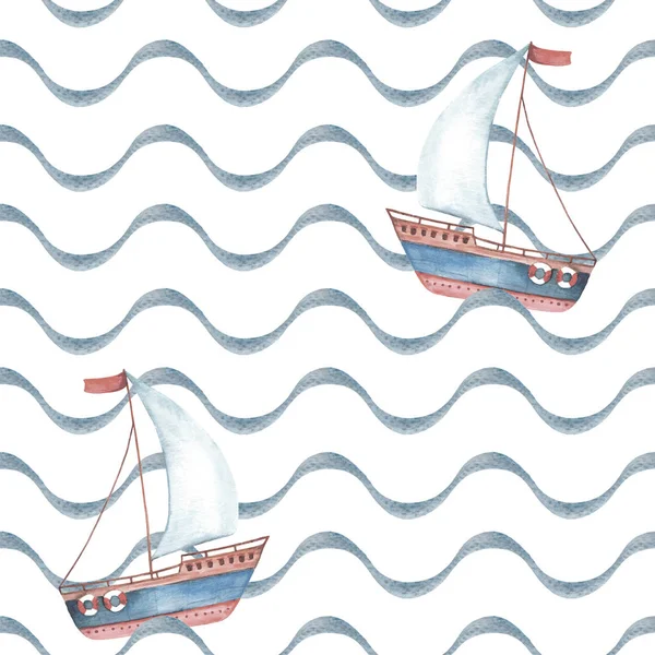 Aquarel Zee Naadloze Patroon Schepen Varen Zee Naar Avontuur Illustratie — Stockfoto