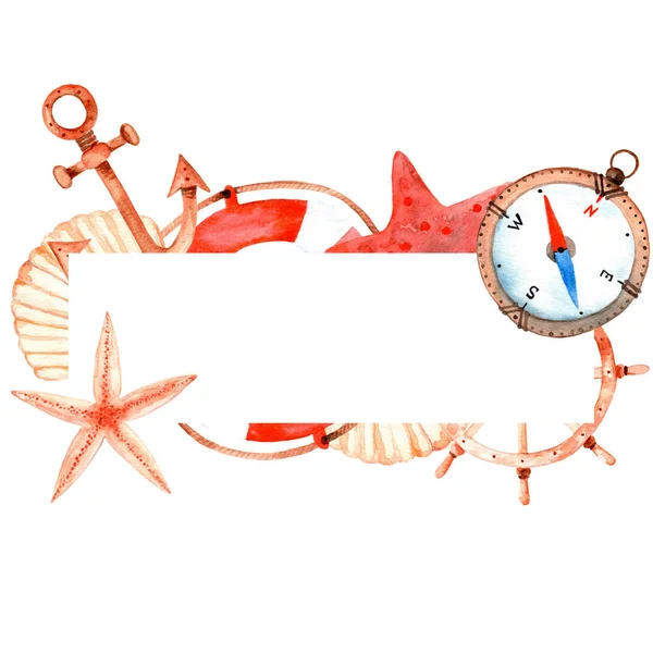 Watercolor Sea Rectangual Frame Anchor Starfish Wheel Shell Compass Life — Stock Photo, Image