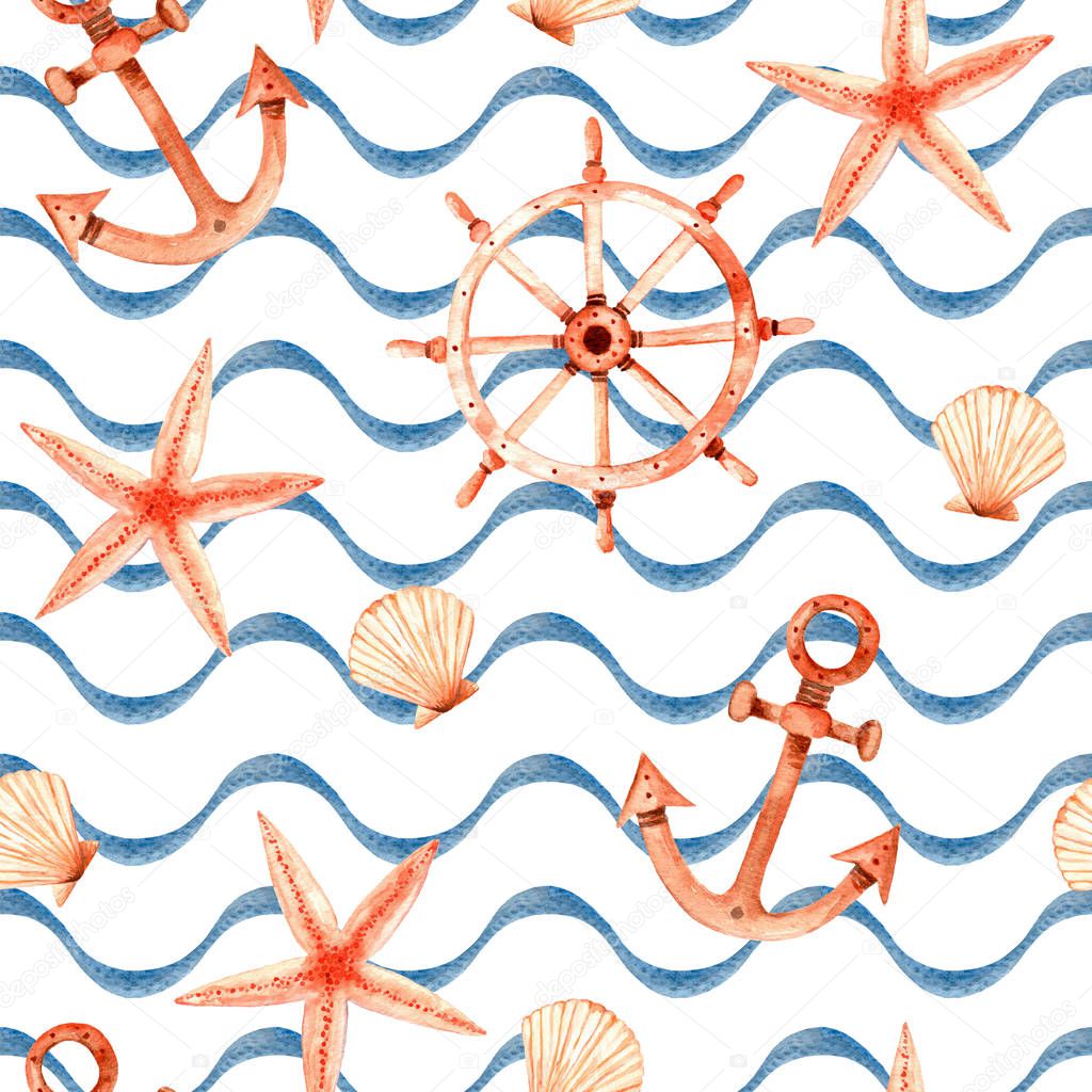 Watercolor sea seamless pattern with shell, starfish, wheel, and anchor. On white background with blue wavy lines. Illustration.