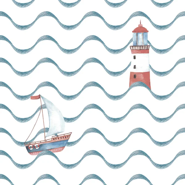 Watercolor Sea Seamless Pattern Sailboat Lighthouse Ship Sails Sea Adventure — Stock Photo, Image