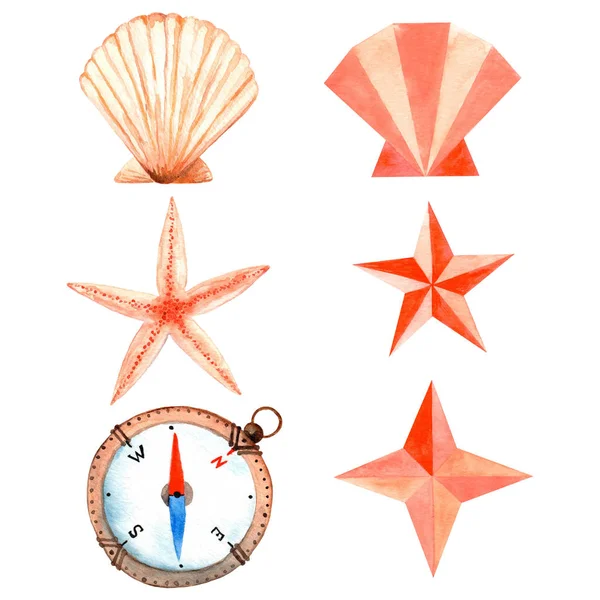Watercolor Sea Set Three Pairs Classic Origami Items Compass Shell — Stock Photo, Image