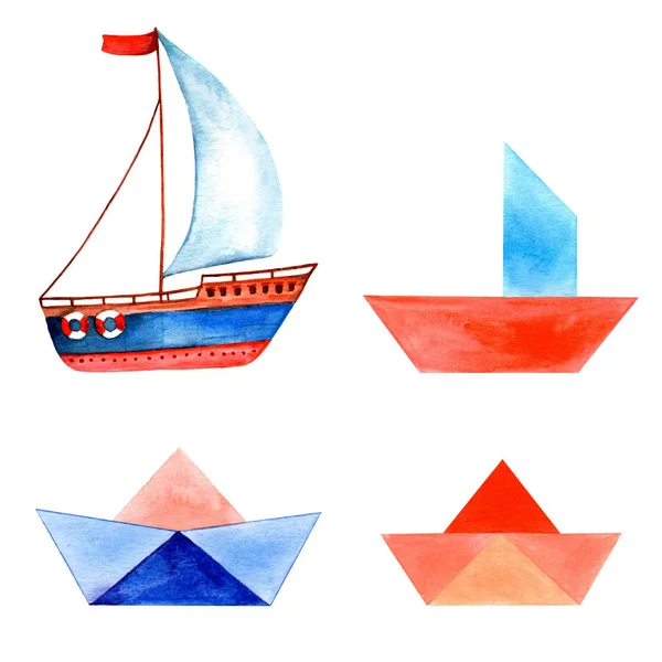 Watercolor Set Ships One Classic Three Origami Style Isolated White — Stock Photo, Image