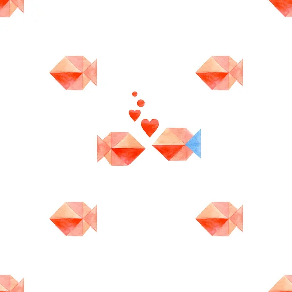 Sulu Boya Dikişsiz desen ile balıkçı 2 kalp aşık balıklar. Origami stil. Beyaz bir arka plan üzerinde. İllüstrasyon. 