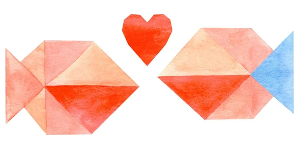 Akwarela Origami Ryby Miłości Serca Białym Tle Białym Tle Ilustracja — Zdjęcie stockowe