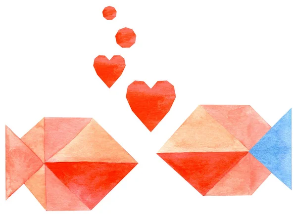 Akwarela Origami Ryby Miłości Pęcherzyków Powietrza Serca Białym Tle Białym — Zdjęcie stockowe