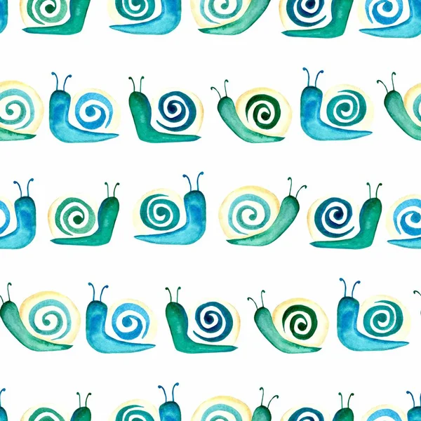 Watercolor Seamless Beautiful Pattern Funny Snails Row White Background Illustration — Stock Photo, Image