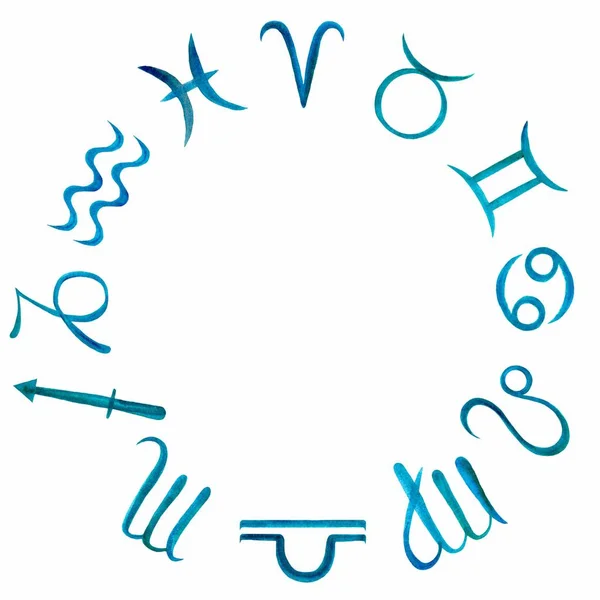Círculo Del Zodíaco Acuarela Signos Del Zodíaco Azul Sobre Fondo —  Fotos de Stock
