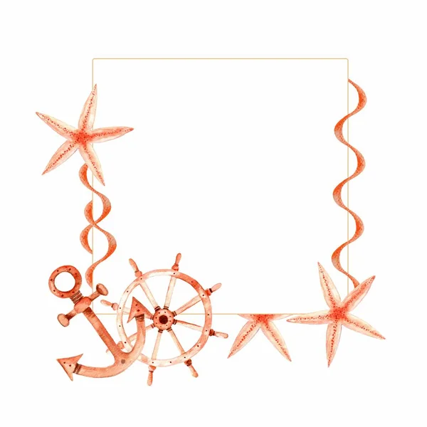 Watercolor Sea Square Frame Starfish Wheel Rope Anchor Illustration White — Stock Photo, Image