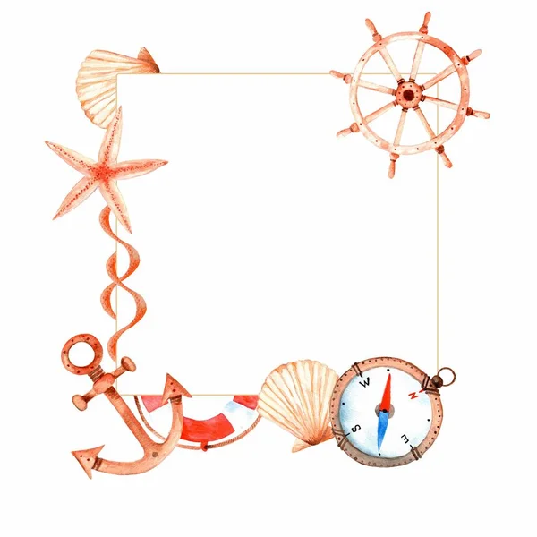 Watercolor Sea Square Frame Starfish Lifebuoy Shell Wheel Compass Rope — Stock Photo, Image