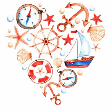 Güzel deniz yıldızı, deniz hayvanı kabuğu, inci, yelkenli, tekerlek, çapa, Pusula, beyaz bir arka plan üzerinde lifebuoy kalp büyük sulu boya. Yaz için bekliyor. Resimde. İzole.