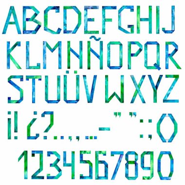 Aquarelle el yazısı alfabesi Latince (Ispanyolca) harfler; sayılar: 1, 2, 3, 4, 5, 6, 7, 8, 9, 0; temel matematiksel işaretler ve noktalama işaretleri. Beyaz bir arka planda izole. Illüstrasyon.