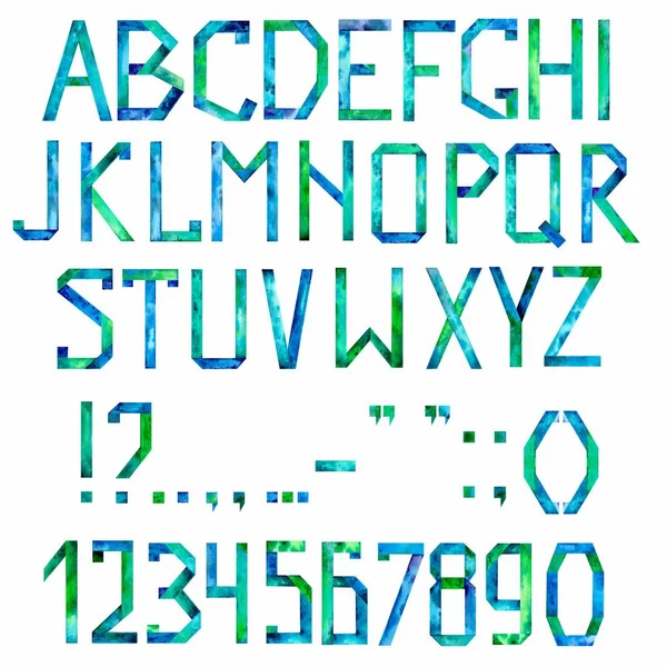 Alfabeto Escrito Mão Aquarelle Latim Inglês Letras Números Sinais Básicos — Fotografia de Stock
