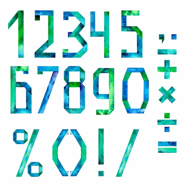 Aquarelle Handgeschreven Nummers Basic Maths Signs Geïsoleerd Een Witte Achtergrond — Stockfoto