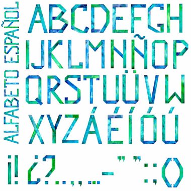 Latin (Ispanyolca) harflerle Aquarelle el yazısı alfabe; aksan ile 5 ünlüler; noktalama işaretleri. Beyaz arka planda izole edilmiştir. Illüstrasyon.