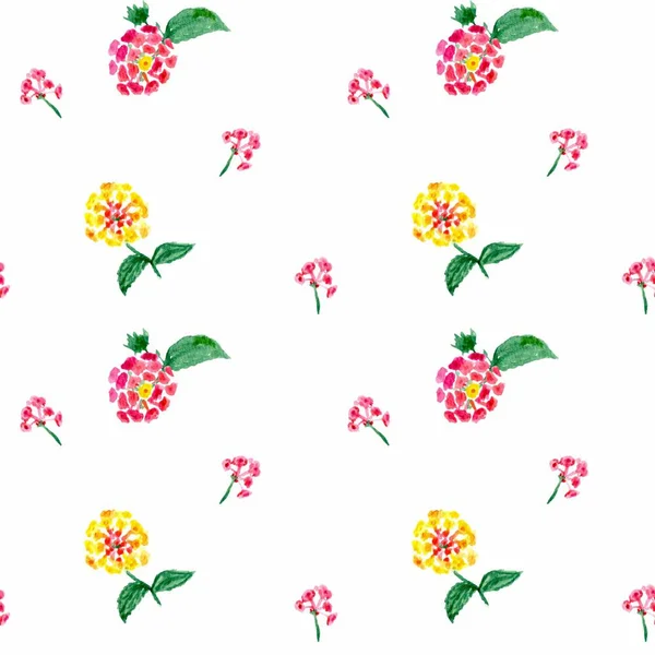 Beyaz bir arka planda bahar pembe, sarı ve kırmızı çiçekler ile suluboya renkli Dikişsiz desen. Illüstrasyon.