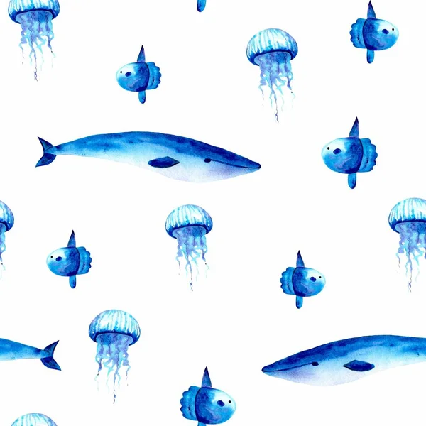 Bir balina, moonfish (mola) ve denizanası (Medusa) ile suluboya Dikişsiz desen. Beyaz arka planda çizim. Derin deniz.