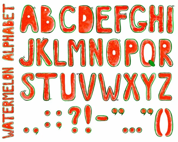 水彩西瓜字母手写拉丁 标点符号在白色背景上 夏季字体 — 图库照片