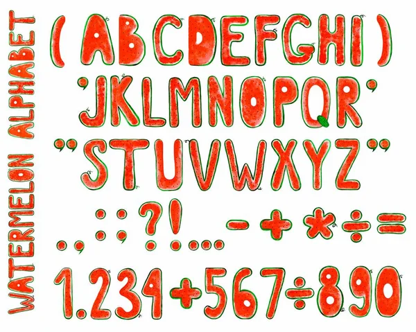 Aquarelle Pastèque Alphabet Lettres Latines Manuscrites Anglais Chiffres Signes Ponctuation — Photo