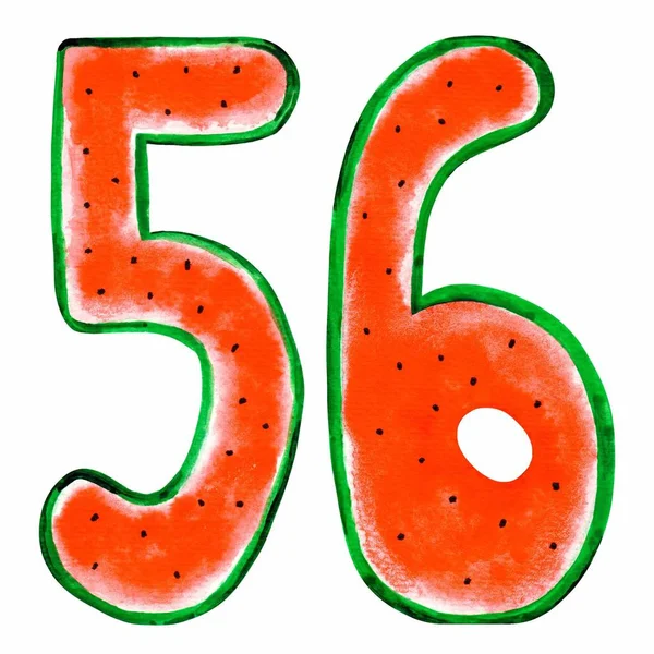 Aquarelle Watermeloen Handgeschreven Nummers Vijf Zes Geïsoleerd Een Witte Achtergrond — Stockfoto