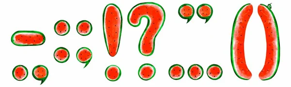 Suluboya noktalama işaretleri (dönem, soru işareti, ünlem işareti, virgül, semicolon, kolon, parantez, apostrophe, tırnak, süspansiyon noktaları, çizgi): beyaz arka plan üzerinde. Yaz lezzetli yazı tipi.