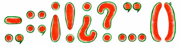Suluboya İspanyolca noktalama işaretleri (dönem, soru işareti, ünlem işareti, virgül, semicolon, kolon, parantez, apostrophe, tırnak, süspansiyon noktaları, çizgi): beyaz arka plan üzerinde. Illüstrasyon. Karpuz dilimden yaz lezzetli yazı tipi.