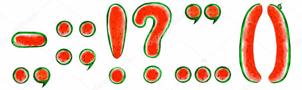 Watercolor punctuation marks (period, question mark, exclamation point, comma, semicolon, colon, parentheses, apostrophe, quotation, suspension points, dash): on white background. Summer tasty font.