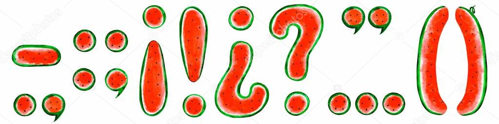 Watercolor Spanish punctuation marks (period, question mark, exclamation point, comma, semicolon, colon, parentheses, apostrophe, quotation, suspension points, dash): on white background. Illustration. Summer tasty font from watermelon slice.