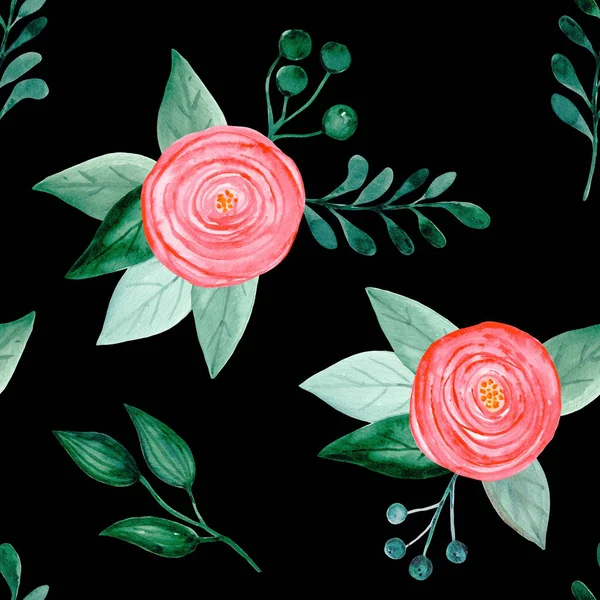 Summer seamless pattern with watercolor pink beautiful flowers and green fresh leaves on a black background. Isolated.