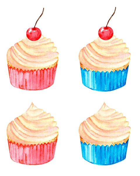 Doce Conjunto Cupcakes Bonitos Ilustração Aquarela Isolado Sobre Fundo Branco — Fotografia de Stock